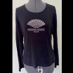 MANDARIN ORIENTAL MIAMI RESORT BLING BLACK COTTON KNIT LONG SLEEVE TEE TOP XL
